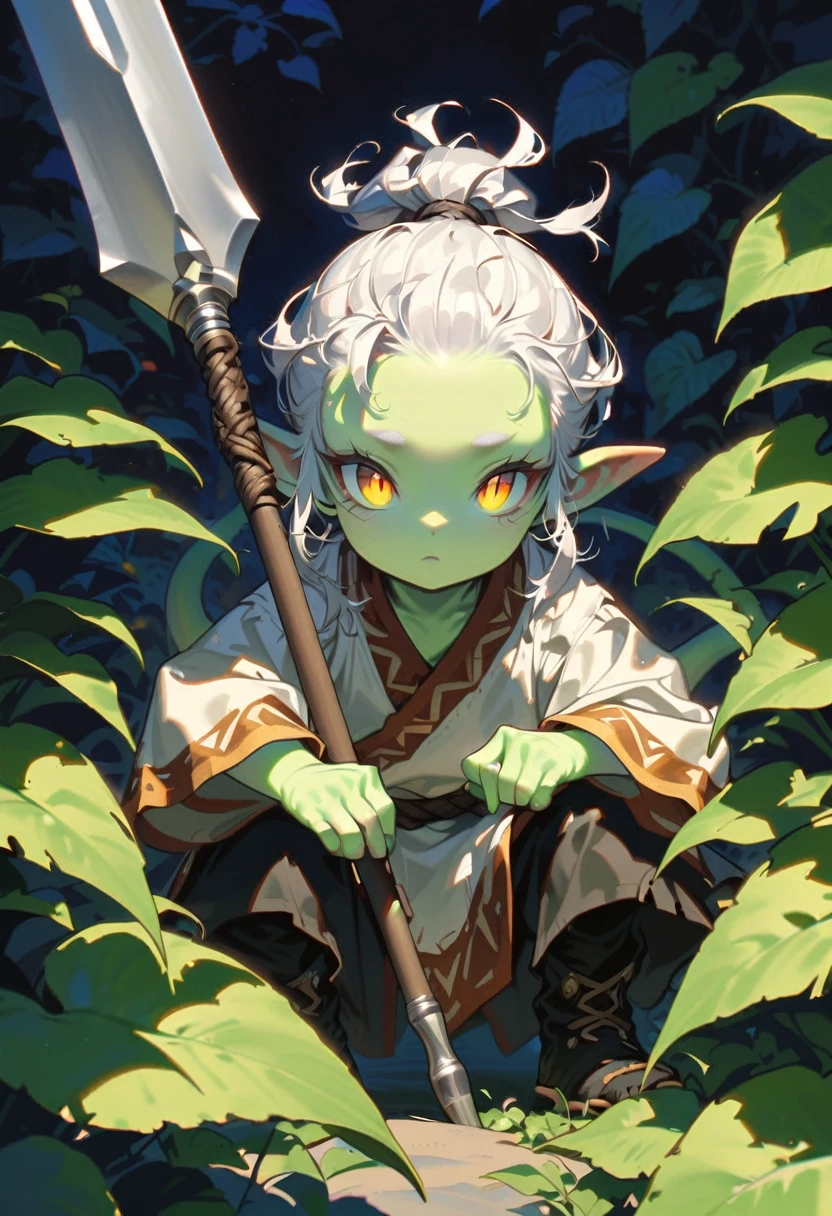 style 9, 1 boy , with yellow-green-gray skin, black eyes with yellow pupil, pointy ears, white hair tied in a messy ponytail, pointed tail, wearing primitive clothing, crouched in some bushes holding a spear