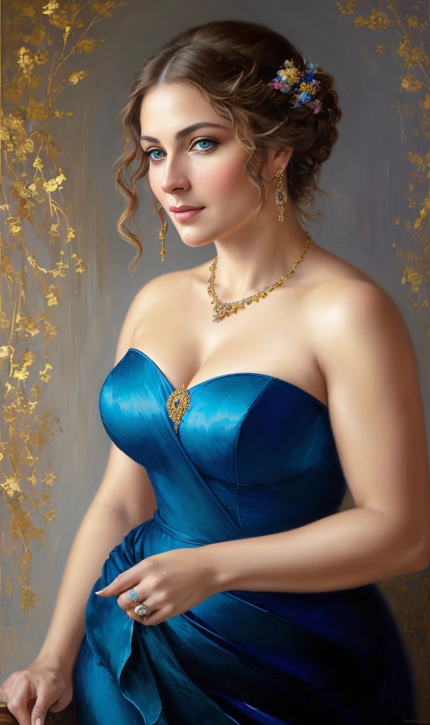 portrait, extremely gorgeous, 45 years old Woman, middle ages, thick figure, classicism, andrey atroshenko style, painting, pierced eyes, beautifully styled hair, traditional media, realistic, figurative, fine art, oil on canvas, HDR, 8K, original character, high resolution, vivid colours, high detail, focus on the face, beautiful eyes