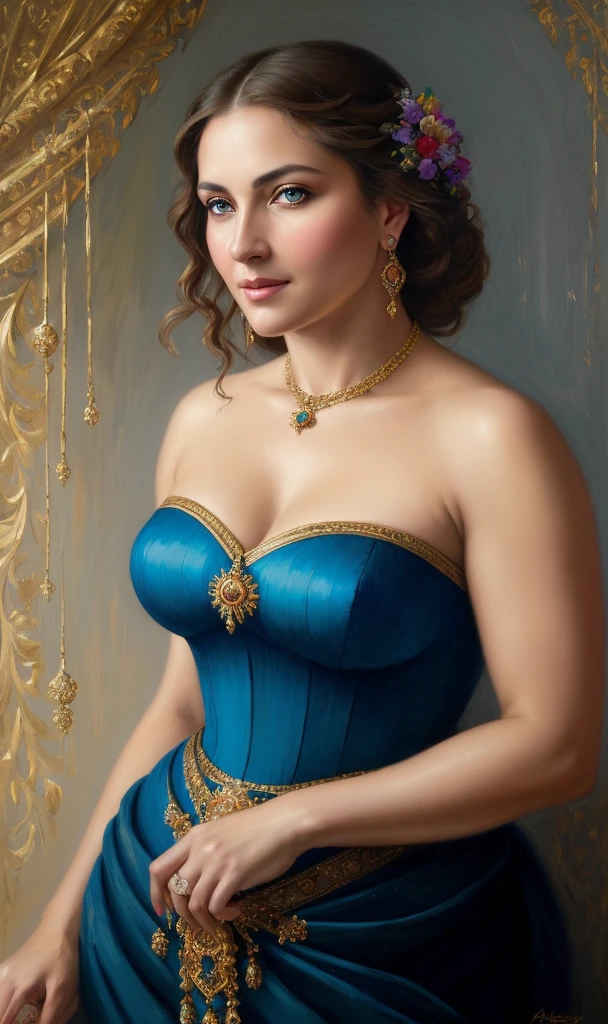 portrait, extremely gorgeous, 45 years old Woman, middle ages, thick figure, classicism, andrey atroshenko style, painting, pierced eyes, beautifully styled hair, traditional media, realistic, figurative, fine art, oil on canvas, HDR, 8K, original character, high resolution, vivid colours, high detail, focus on the face, beautiful eyes