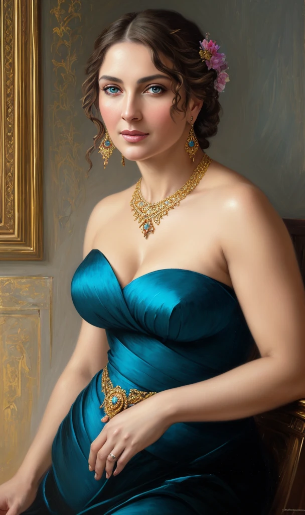 portrait, extremely gorgeous, 45 years old Woman, middle ages, thick figure, classicism, andrey atroshenko style, painting, pierced eyes, beautifully styled hair, traditional media, realistic, figurative, fine art, oil on canvas, HDR, 8K, original character, high resolution, vivid colours, high detail, focus on the face, beautiful eyes 