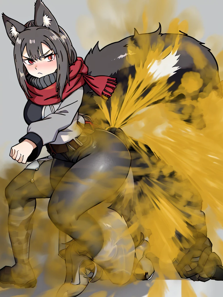 (masterpiece,best quality), 1girl, animal ears, wolf ears, tail, wolf tail, red eyes, wolf girl, brown hair, long hair, large ponytail, hair bangs, hair over shoulders, one brown eye and one silver eye, dark gray scarf, gray short sleeve shirt with white trims, dark gray tight shorts, grey heeled knee length boots, ((2D Anime Style))), fighting stance