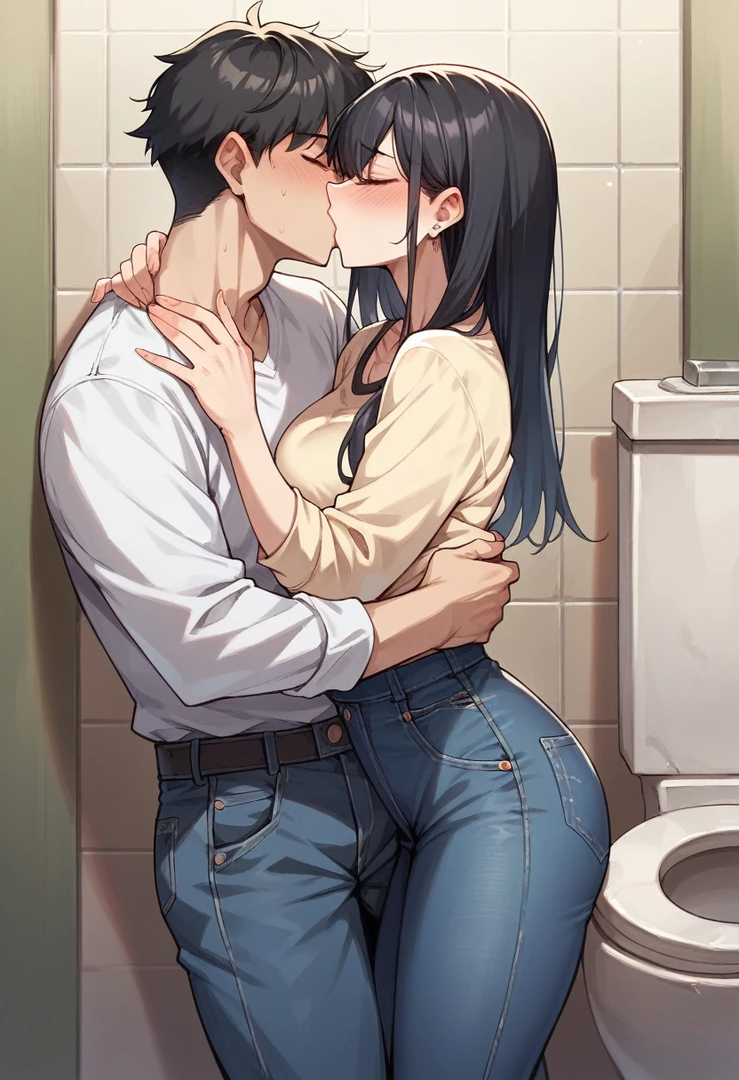 score_9, score_8_up, score_7_up, source_anime, 1boy, 1girl, mature female, mother and son, , mother kneeling in front of son, shorts pulled down, son’s cock in her mouth, blowjob, fellatio