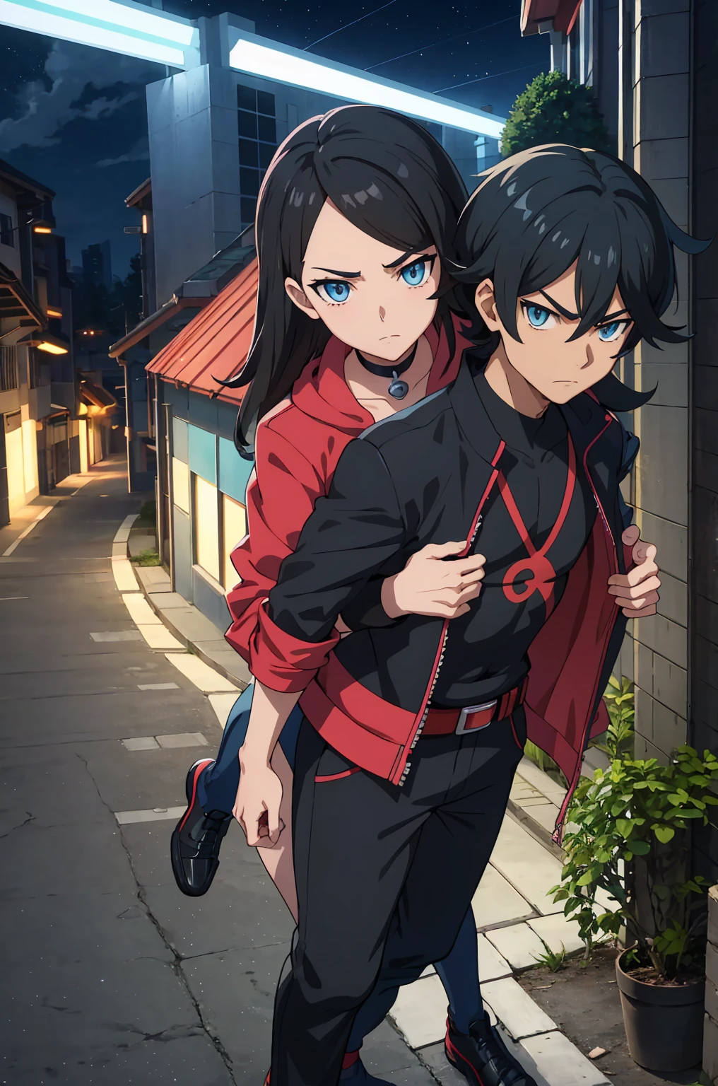 the anime, (Best Quality), ((1 adult boy)), ((muscled body)), (Hakuji) AB: pokemon Xyz, on a street in the city of Lumiose , (at night in Lumiose City ), ((Ultra-short black hair)), ((Impassive blue eyes)), (((Hair back))), (((open forehead))), wearing a jacket , attractive clothes , a waist belt, looks at the viewer, The Art of Pokemon XYZ, Pokemon XYZ artstyle, Pokemon xyz