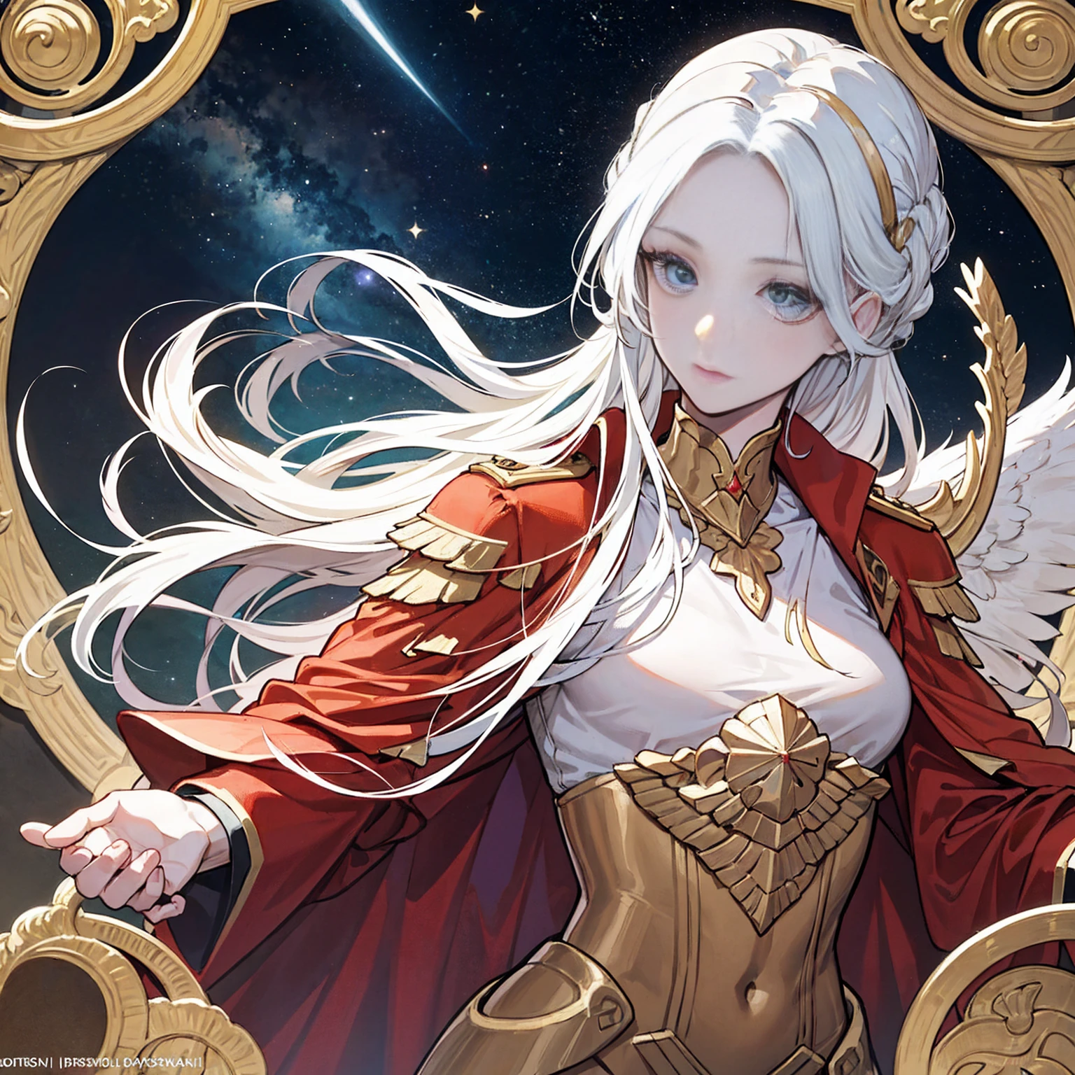 Generate a high-resolution movie poster in the style of Alphonse Mucha, featuring Edelgard von Hresvelg from Fire Emblem with a detailed face, flowing white hair, braided side locks, a gold eye, and the Emperor's costume, with a focus on the upper body (flat-chest).  Include beautiful, detailed eyes, a detailed hand, sports film lighting, pale skin, and a dynamic pose looking directly at the viewer.  Use a magazine cover style with textured skin, super detail, tarot borders, dynamic streaks, a dim color scheme, and solo full-body portrayal.  For the alternate prompt, depict a detailed face with a soft smile of a Sumerian demigod in white robes and laurel, set against a backdrop of a thriving Mesopotamian civilization with ancient palaces, stars, and floating particles, referencing the ziggurat of Uruk.