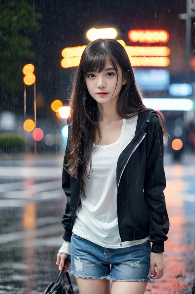 20year old beautiful girl、Highest image quality、realistic、16K、beautiful woman、long hair、With bangs、Pretty slim、heavy rain、While walking through the city in the rain、wet from heavy rain、Full body figure、thin waist、clear background、大きめの胸、髪が濡れて