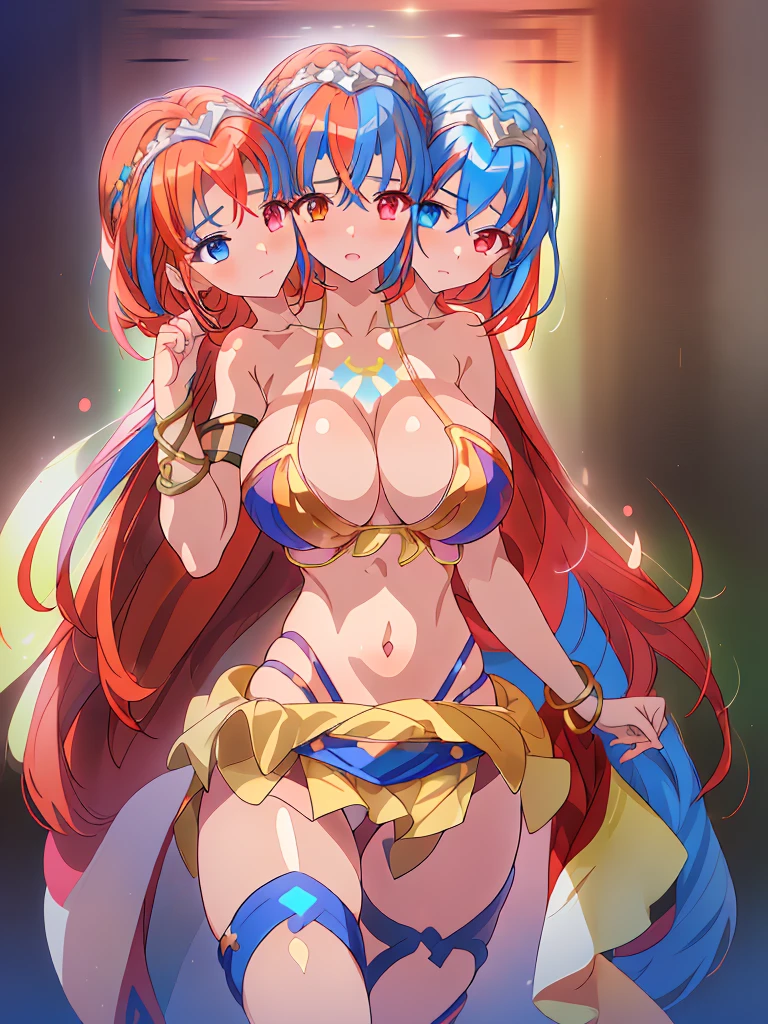 (extremely detailed CG),(best quality), (3heads:1.5), 1girl, alear \(fire emblem\), heterochromia, crossed bangs, split-color hair, tiara, swimsuit, two-tone bikini, bracelet, blue sarong, thighlet, thigh strap, huge tits,