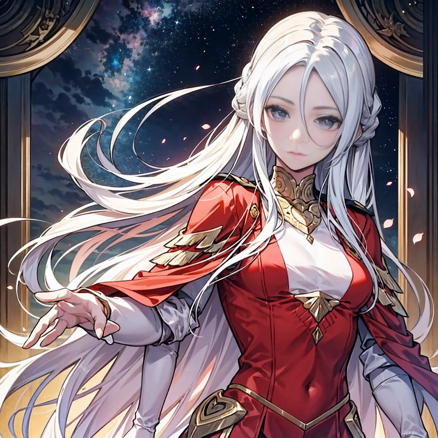 Generate a high-resolution movie poster in the style of Alphonse Mucha, featuring Edelgard von Hresvelg from Fire Emblem with a detailed face, flowing white hair, braided side locks, a gold eye, and the Emperor's costume, with a focus on the upper body (flat-chest).  Include beautiful, detailed eyes, a detailed hand, sports film lighting, pale skin, and a dynamic pose looking directly at the viewer.  Use a magazine cover style with textured skin, super detail, tarot borders, dynamic streaks, a dim color scheme, and solo full-body portrayal.  For the alternate prompt, depict a detailed face with a soft smile of a Sumerian demigod in white robes and laurel, set against a backdrop of a thriving Mesopotamian civilization with ancient palaces, stars, and floating particles, referencing the ziggurat of Uruk.