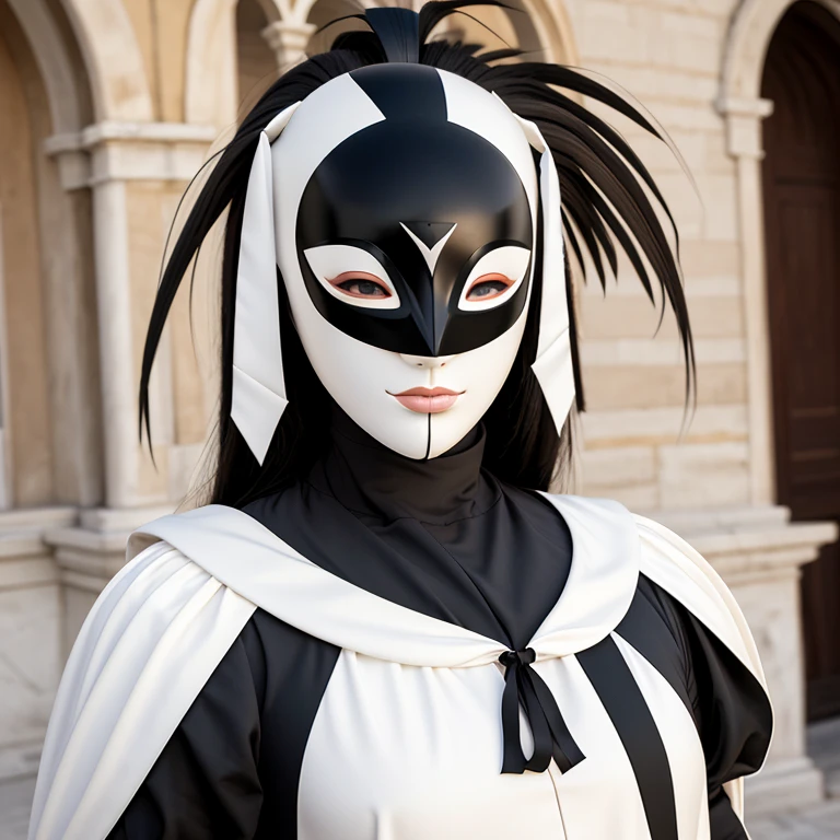 Venice Carnival,Asymmetrical Mask,White Mask,whole body,Flashy protrusions,Long black hair,No people,No background,Highest quality,masterpiece,High resolution,8K