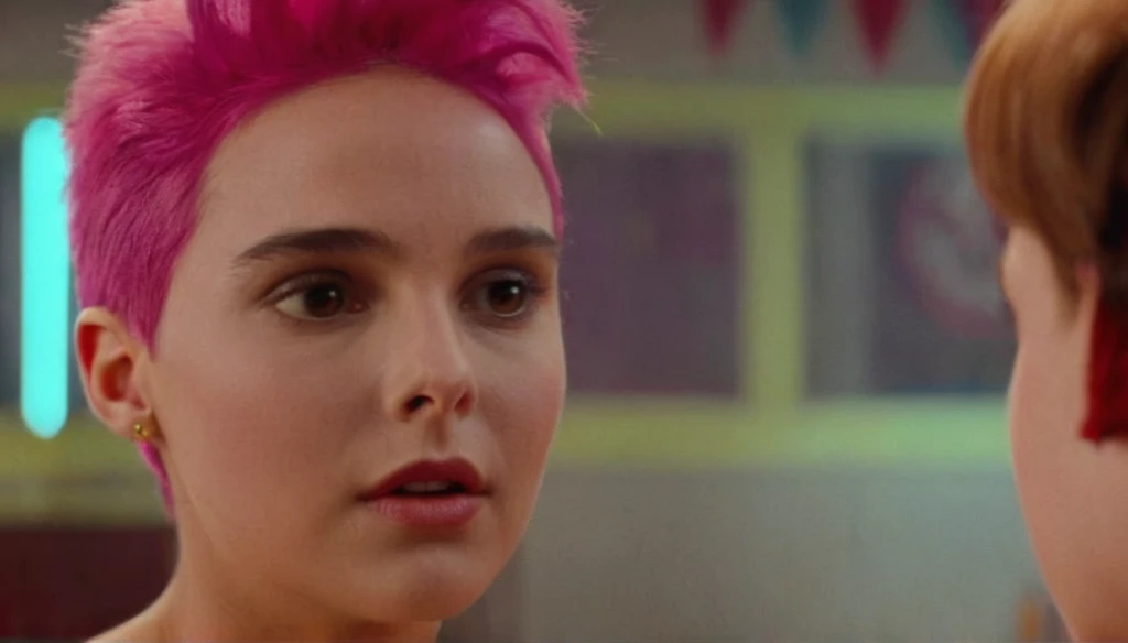 Hyperrealistic art of  Cinematic Closeup Shot Film Footage captured by Panavision Cameras and Lenses, young Natalie Portman with a naked short fancy pink hair, yellow crown in her pink hair, woman with a surprise look on her face looking at someone in a surprise look on herface in a room, yellow crown in her hair, yellow blouse, custome of Wanda from Fairly Oddparents, with blur background and perfect warm light on Fright Night 1985 Film Style, Analogic cam, Extremely high-resolution details, photographic, realism pushed to extreme, fine texture, incredibly lifelike