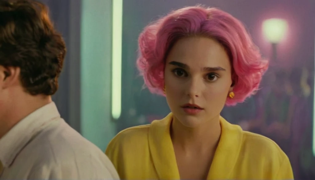 Hyperrealistic art of  Cinematic Closeup Shot Film Footage captured by Panavision Cameras and Lenses, young Natalie Portman with a naked short fancy pink hair, yellow crown in her pink hair, woman with a surprise look on her face looking at someone in a surprise look on herface in a room, yellow crown in her hair, yellow blouse, custome of Wanda from Fairly Oddparents, with blur background and perfect warm light on Fright Night 1985 Film Style, Analogic cam, Extremely high-resolution details, photographic, realism pushed to extreme, fine texture, incredibly lifelike