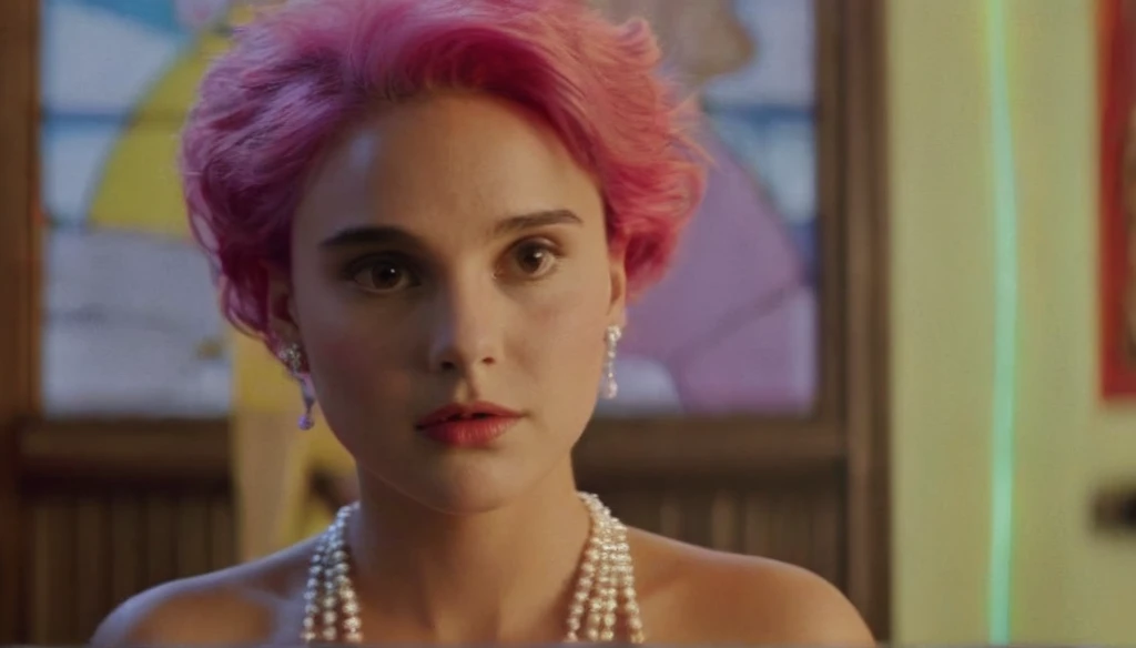 Hyperrealistic art of  Cinematic Closeup Shot Film Footage captured by Panavision Cameras and Lenses, young Natalie Portman with a naked short fancy pink hair, yellow crown in her pink hair, woman with a surprise look on her face looking at someone in a surprise look on herface in a room, yellow crown in her hair, yellow blouse, custome of Wanda from Fairly Oddparents, with blur background and perfect warm light on Fright Night 1985 Film Style, Analogic cam, Extremely high-resolution details, photographic, realism pushed to extreme, fine texture, incredibly lifelike