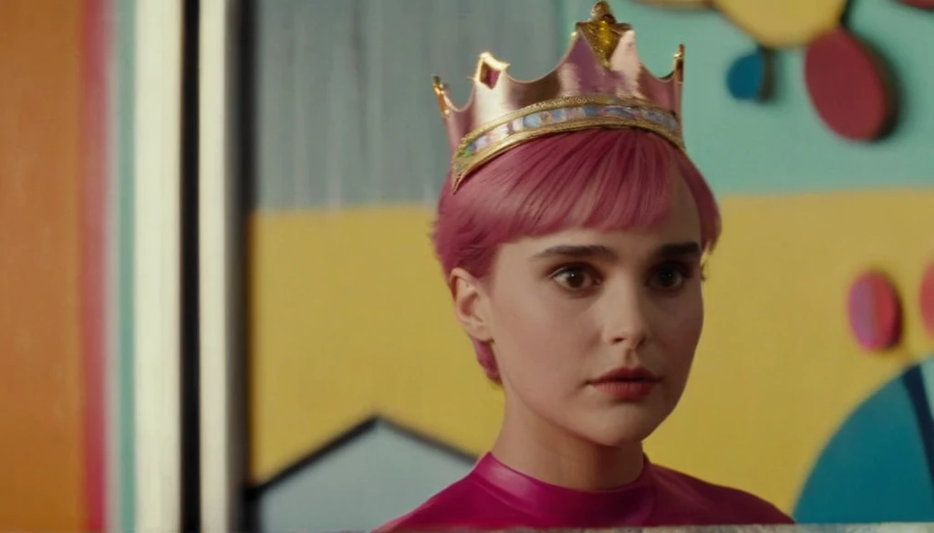 Hyperrealistic art of  Cinematic Closeup Shot Film Footage captured by Panavision Cameras and Lenses, young Natalie Portman with a naked short fancy pink hair, yellow crown in her pink hair, woman with a surprise look on her face looking at someone in a surprise look on herface in a room, yellow crown in her hair, yellow blouse, custome of Wanda from Fairly Oddparents, with blur background and perfect warm light on Fright Night 1985 Film Style, Analogic cam, Extremely high-resolution details, photographic, realism pushed to extreme, fine texture, incredibly lifelike