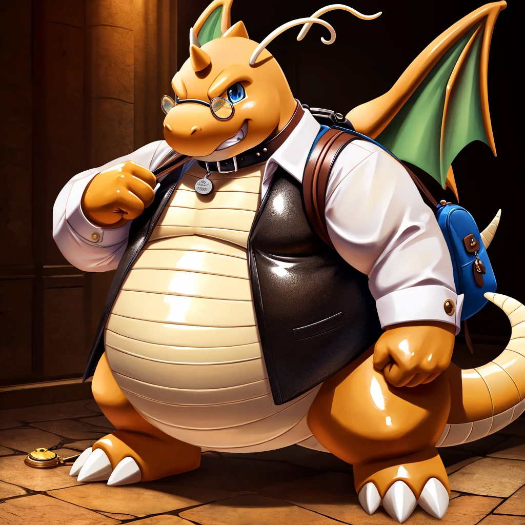 Solo, Male, fat, extremely obese, gentleman, dapper Professor Dragonite, blue eyes, (posing:1.3), (soft shading), 4k, hi res, ((detailed face, detailed)), looking at viewer, evil grin, steampunk, collared shirt with buttons, top hat, male focus, Explorer Outfit, glasses, monocle, bag, vest with buttons, backpack, sleeves rolled up, round eyewear, brown headwear, brown vest, Dragonite is wearing a glossy leather dog collar around the neck, Dragonite is wearing the leather collar and shirt and vest at the same time, Dragonite is wearing glossy white rubber gloves on the hands, wearing white rubber gloves on the feet, Dragonite is wearing glossy white cuffs around the wrists with cufflinks, gloves are rubber in texture, clenching teeth, clenching fists, leather collar is glossy and shiny with a lot of detail, Dragonite is wearing gloves and cuffs and cufflinks at the same time, leather collar has a round dog-tag, leather collar is thick and detailed.