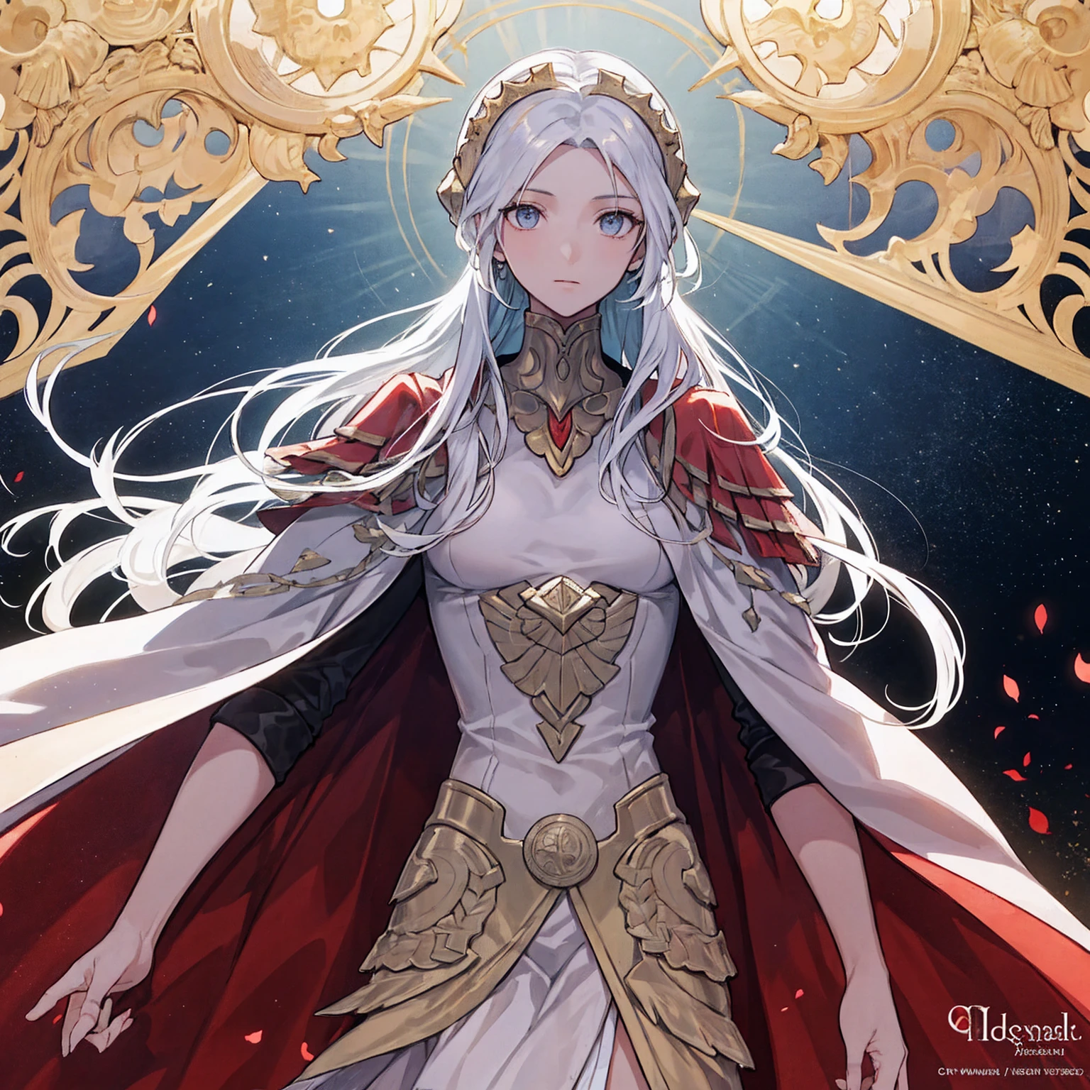 Generate a high-resolution movie poster in the style of Alphonse Mucha, featuring Edelgard von Hresvelg from Fire Emblem with a detailed face, flowing white hair, braided side locks, a gold eye, and the Emperor's costume, with a focus on the upper body (flat-chest).  Include beautiful, detailed eyes, a detailed hand, sports film lighting, pale skin, and a dynamic pose looking directly at the viewer.  Use a magazine cover style with textured skin, super detail, tarot borders, dynamic streaks, a dim color scheme, and solo full-body portrayal.  For the alternate prompt, depict a detailed face with a soft smile of a Sumerian demigod in white robes and laurel, set against a backdrop of a thriving Mesopotamian civilization with ancient palaces, stars, and floating particles, referencing the ziggurat of Uruk.