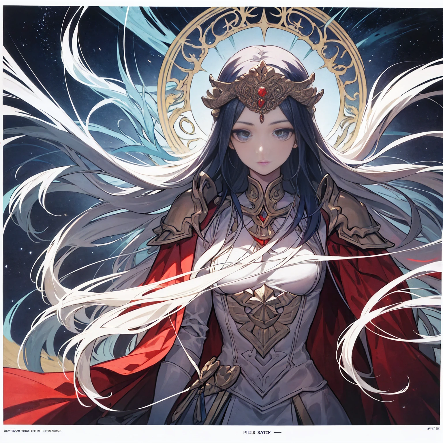 Generate a high-resolution movie poster in the style of Alphonse Mucha, featuring Edelgard von Hresvelg from Fire Emblem with a detailed face, flowing white hair, braided side locks, a gold eye, and the Emperor's costume, with a focus on the upper body (flat-chest). Include beautiful, detailed eyes, a detailed hand, sports film lighting, pale skin, and a dynamic pose looking directly at the viewer. Use a magazine cover style with textured skin, super detail, tarot borders, dynamic streaks, a dim color scheme, and solo full-body portrayal. For the alternate prompt, depict a detailed face with a soft smile of a Sumerian demigod in white robes and laurel, set against a backdrop of a thriving Mesopotamian civilization with ancient palaces, stars, and floating particles, referencing the ziggurat of Uruk.