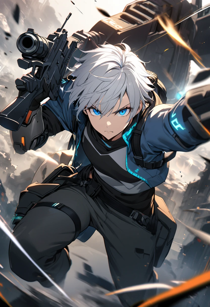 1man, white hair, 1mech arm, holding pistol, blue eyes, tech wear, look to viewer, open jacket, attack