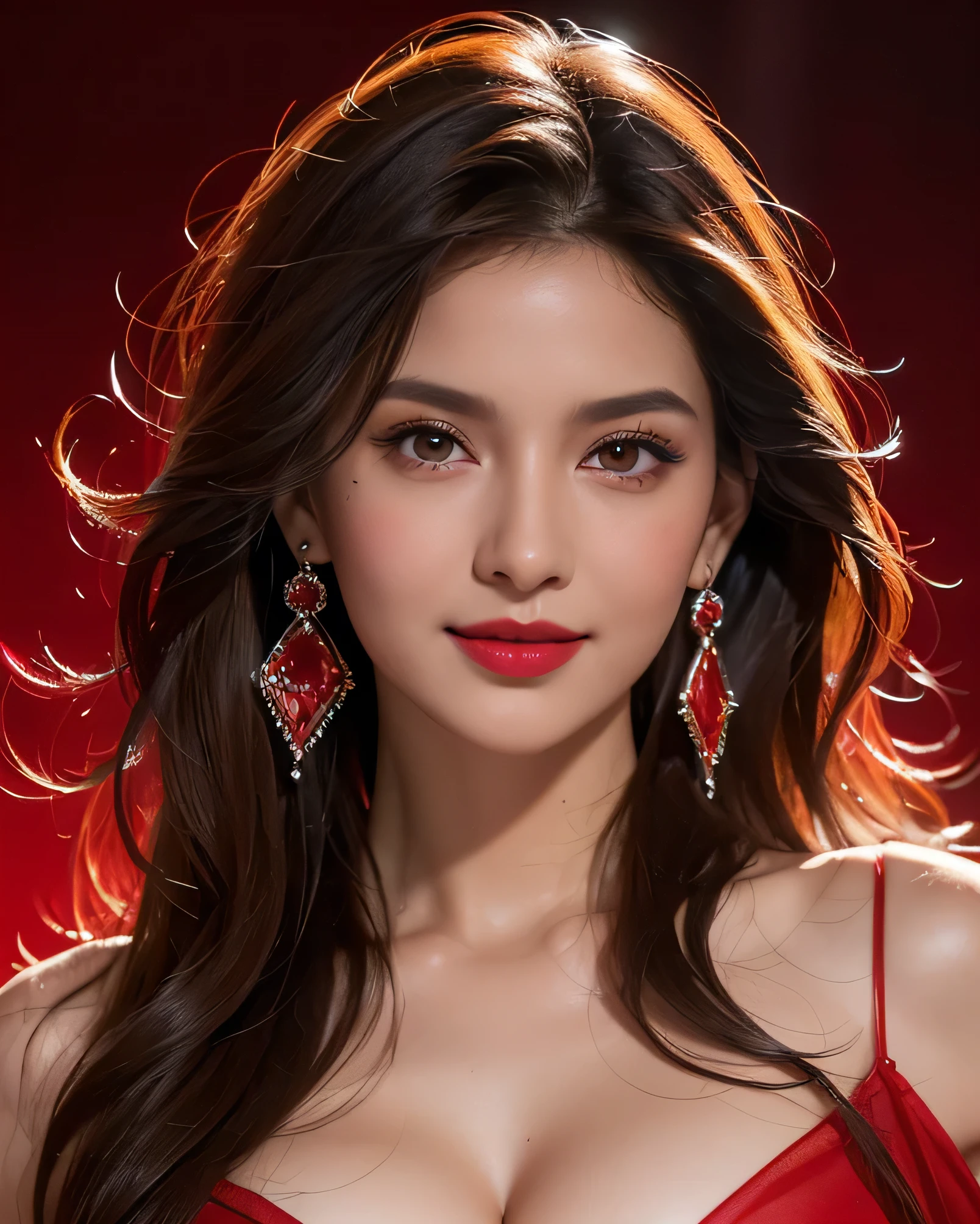 Ultra HD resolution,artistic photos,Professional erotic Photography,Dark red LED Background ((21 year very sexy girl, earrings, long brunette messy hair, cold ultra realistic damp skin, wearing red semi transparent wet blouse)), exposed cleavage, posing like a super-model, on a very luxury cruise ship, at day, smiling at viewer, natural red lips, attention to detail
