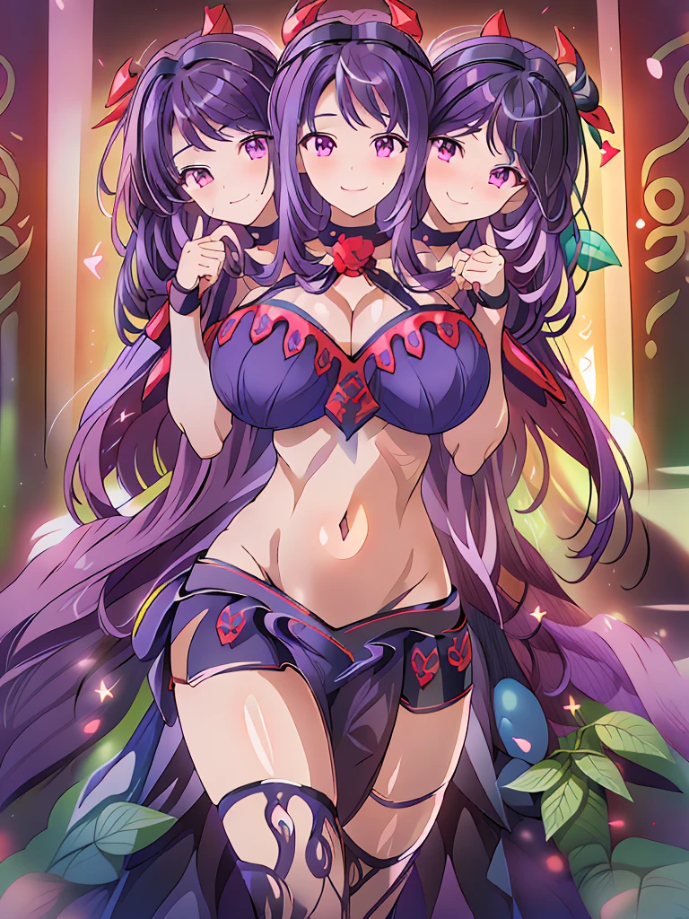 (masterpiece, best quality), best resolution, (3heads:1.5), 1girl, purple hair, long flowing hair, smiling, seductive smile, open belly, black crop top, dark purple miniskirt, open breasts, big tits, very huge tits, black headband, beautiful eyes, alluring presence,