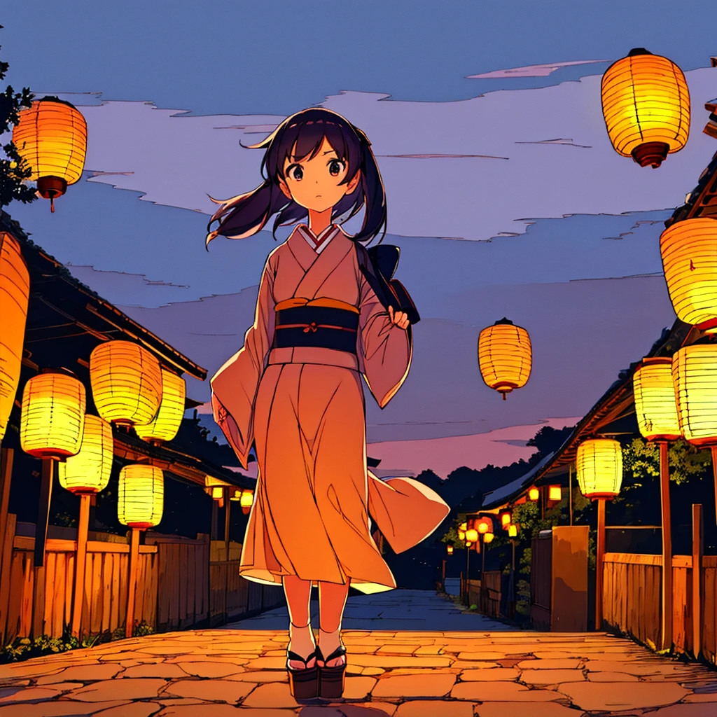 A girl in the center of the road Japanese summer night Many lanterns Fantastic Simple