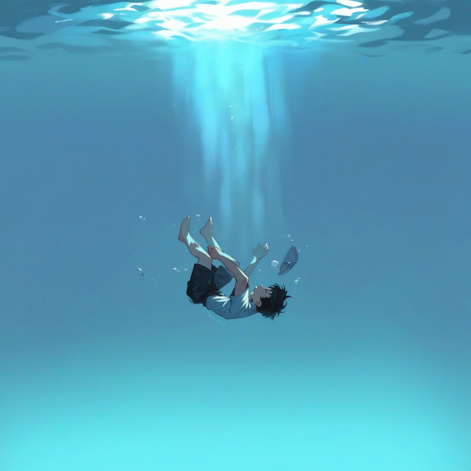 sink into the sea boy in uniform transparent image The sun is shining on the water Underwater illustration Highest quality 4K