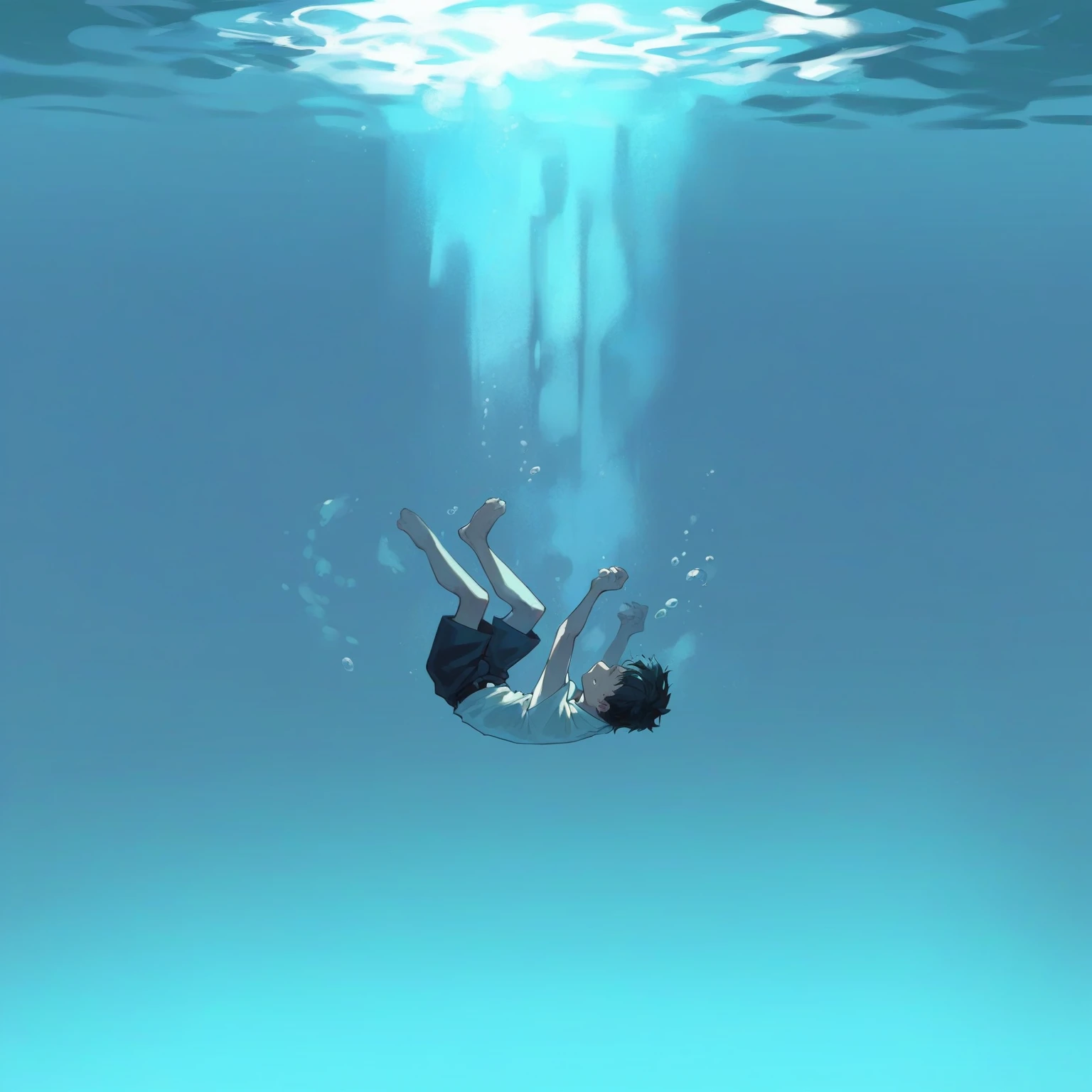 sink into the sea boy in uniform transparent image The sun is shining on the water Underwater illustration Highest quality 4K