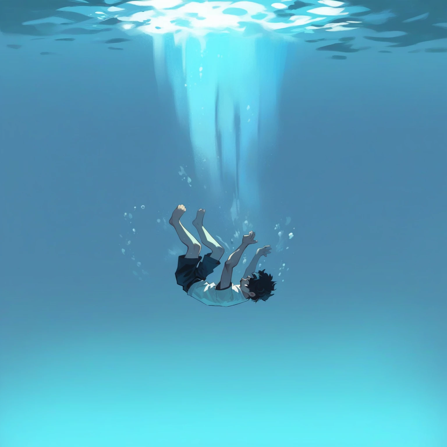 sink into the sea boy in uniform transparent image The sun is shining on the water Underwater illustration Highest quality 4K