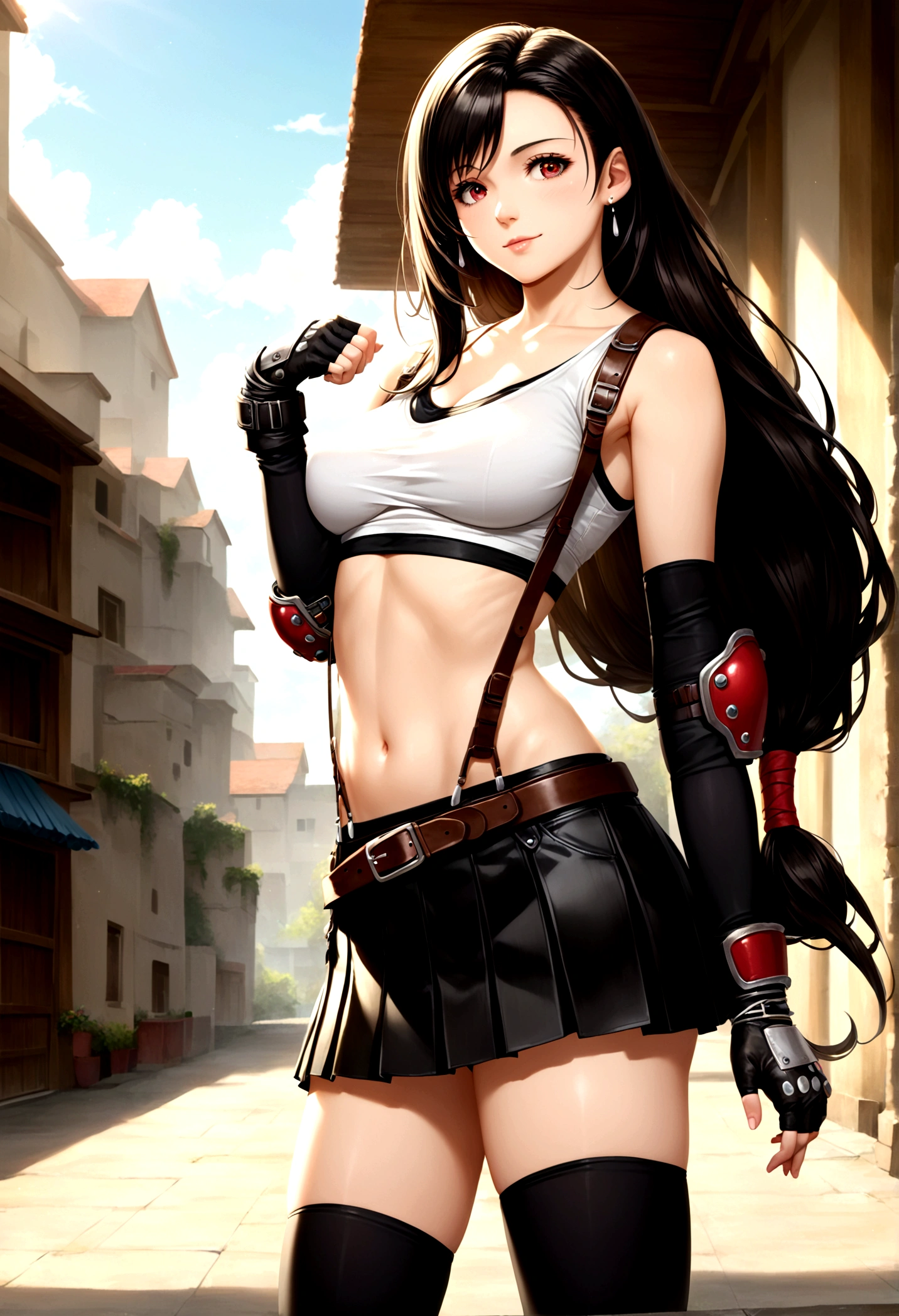 score_9, score_8_up, score_7_up,score_6, score_5,BREAK , ,from side,side view,side angle,pov,straight-on,,standing,contrapost,upperbody ,,straight-on,Solo,1girl, tifa lockhart, final fantasy,ultra beautiful ,black hair, low-tied long hair, red eyes, bangs, (white tank top, belt, pleated skirt, thighhighs, elbow fingerless gloves, elbow pads, midriff, navel,suspender skirt),[[beautiful abs]] ,((large_breast:1.3)),light smile,fist,hand on own hip,daytime,outdoor,(ultra detailed),(best quality),(aesthetic,very aesthetic),UHD,photorealistic,extremely detailed CG unity 8k wallpaper,anime,depth of field,,, 　　