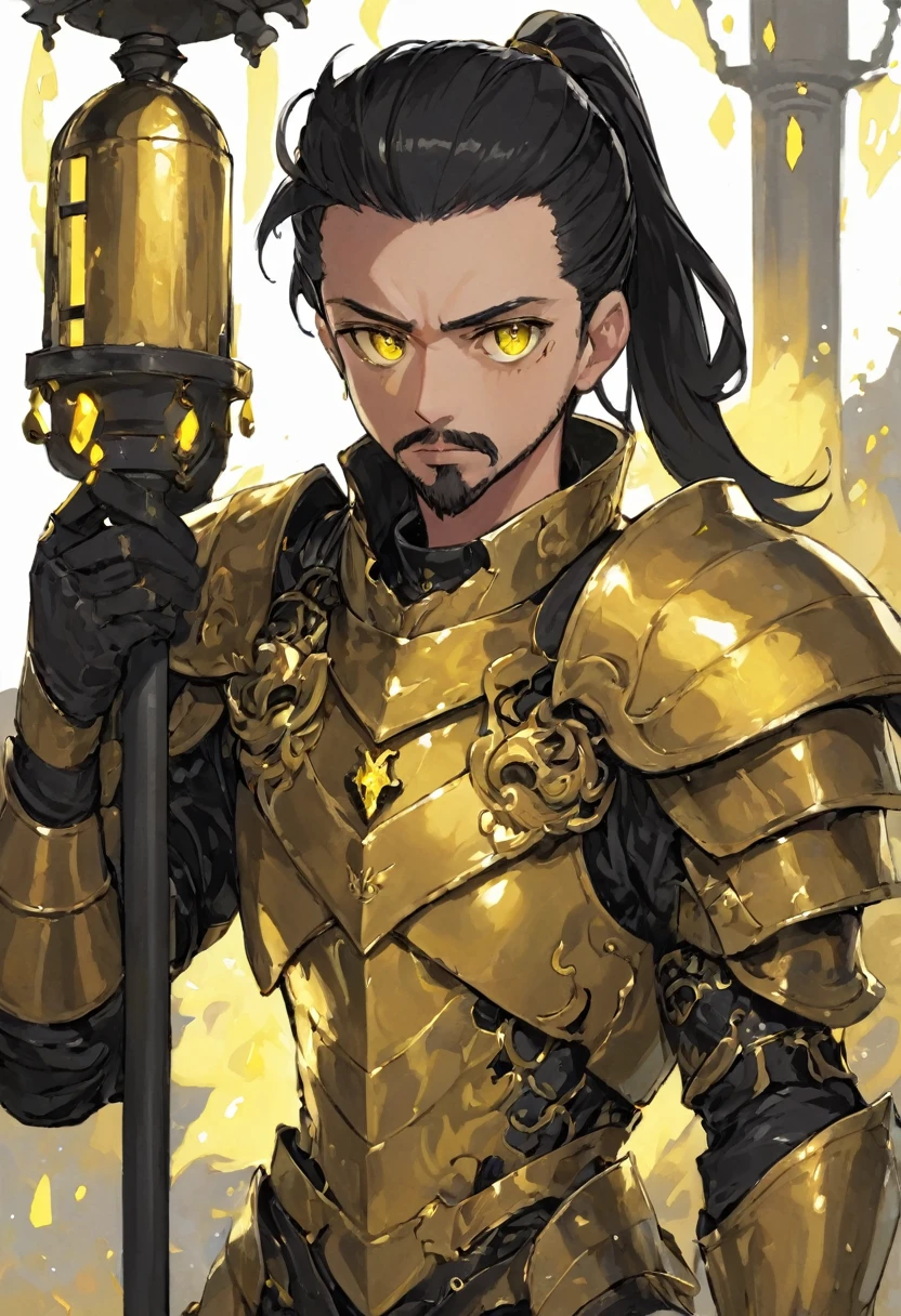 man with a black ponytail wearing gold armor and has yellow eyes and a goatee holding a light post