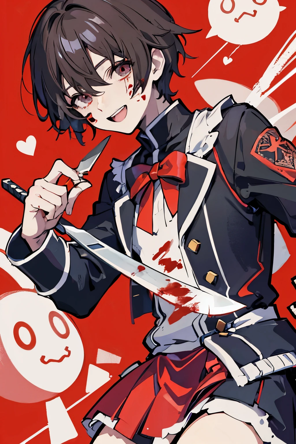 happy man with a knife and blood on his face is yandere kun