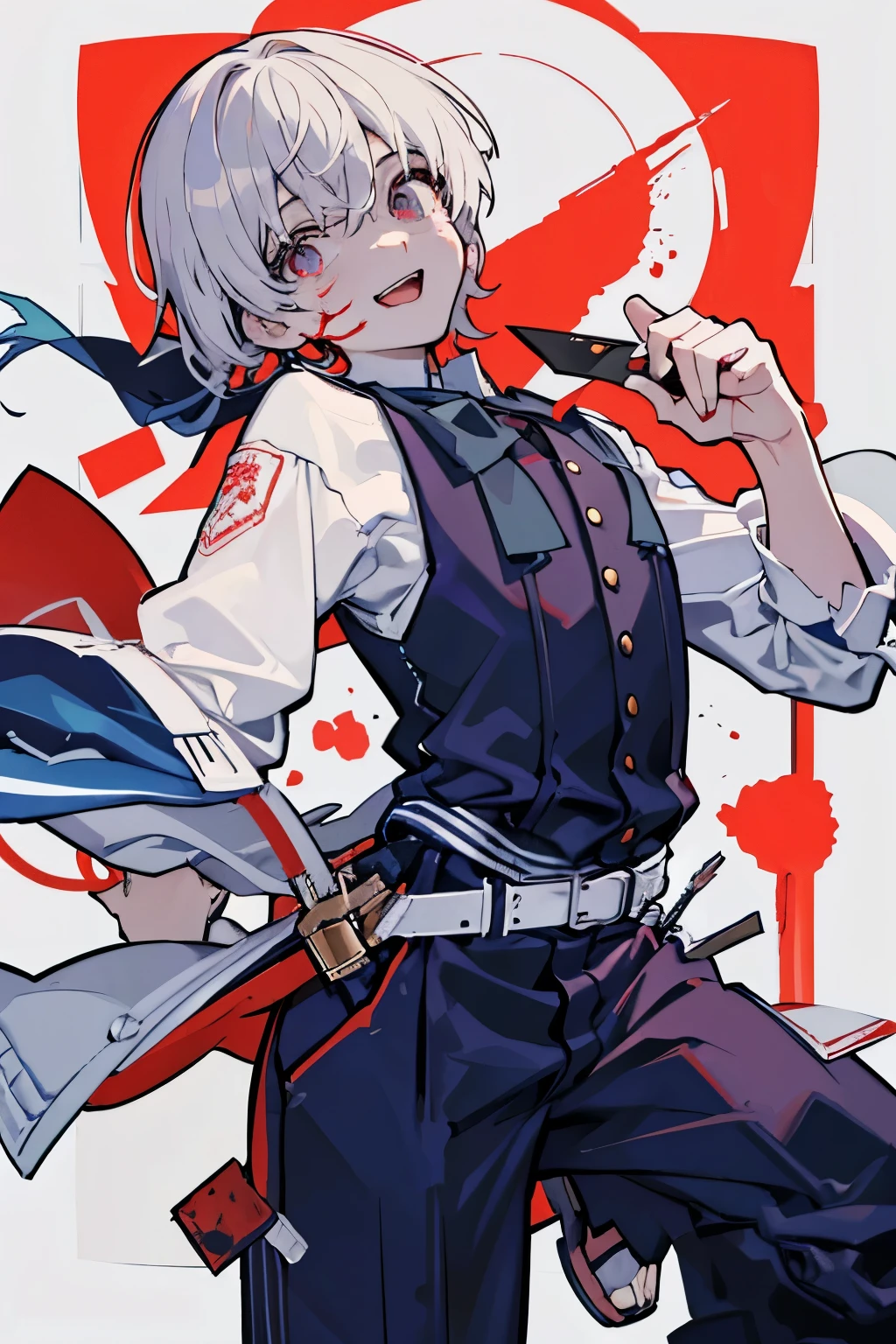 happy man with a knife and blood on his face is yandere kun