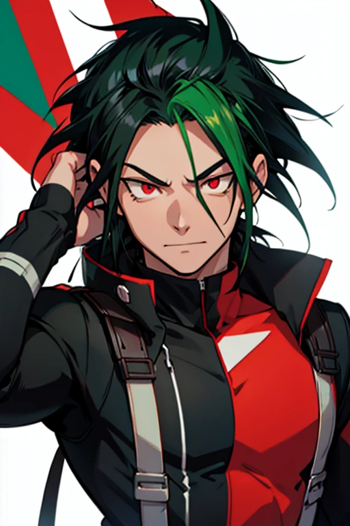 Male character from my hero academia with long black hair with green hair strands with red eyes and black clothes