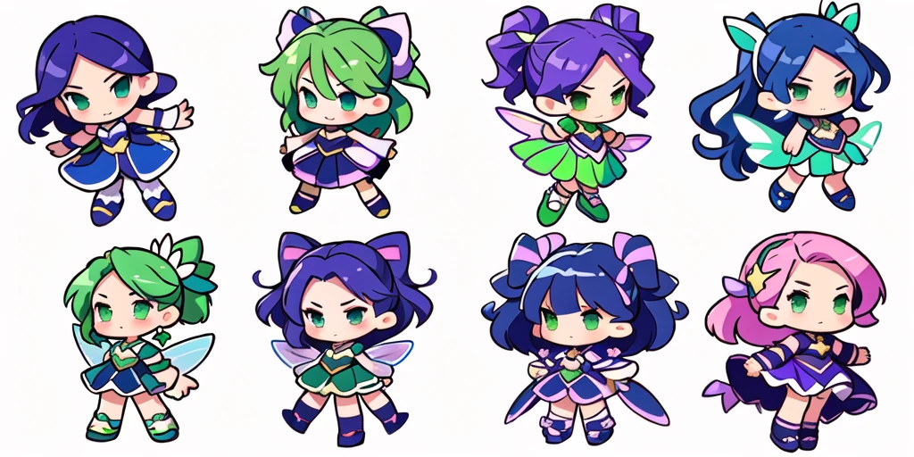 a close up of a cartoon character with different poses, spritesheet, sprite sheet, with familiar sprites, sprites, fairy girl, morgana, default pose neutral expression, twirling, sprite 2 d, shady, green fairy, smol, multiple poses, cute chibi, kawaii, walking frame by frame
