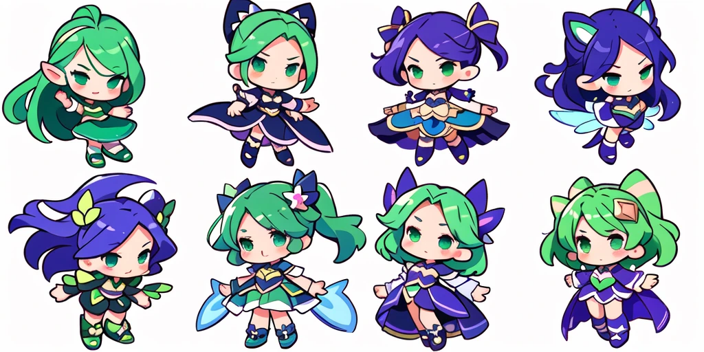 a close up of a cartoon character with different poses, spritesheet, sprite sheet, with familiar sprites, sprites, fairy girl, morgana, default pose neutral expression, twirling, sprite 2 d, shady, green fairy, smol, multiple poses, cute chibi, kawaii, walking frame by frame