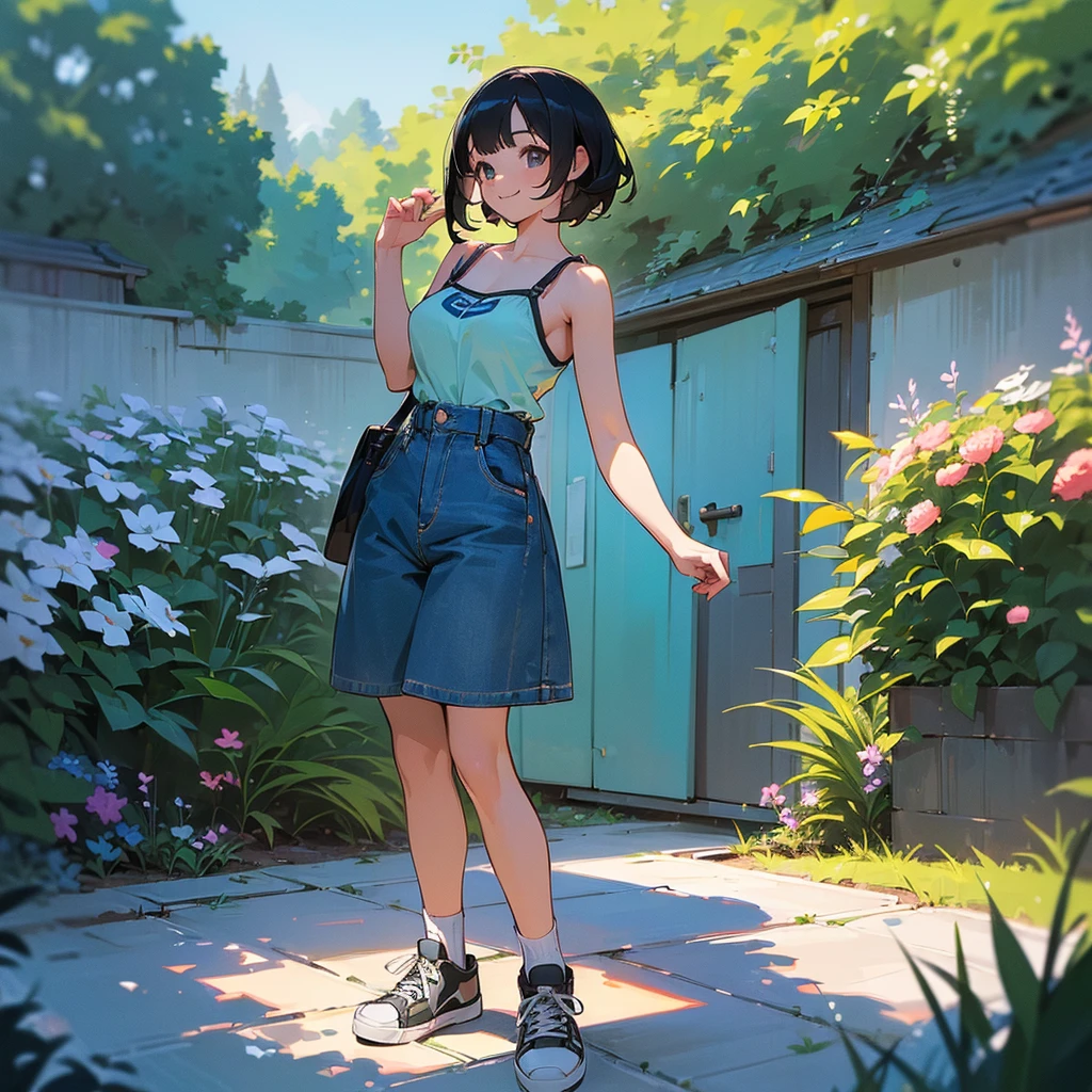 (high quality, High resolution, Very detailed, reality:1.37), Peaceful atmosphere, (Outdoor, garden), Teenage girl standing alone, (my breasts are big.), Beautiful details, Cute Smile, (Black bob hair), camisole, Denim shorts, Blue socks, sneakers.