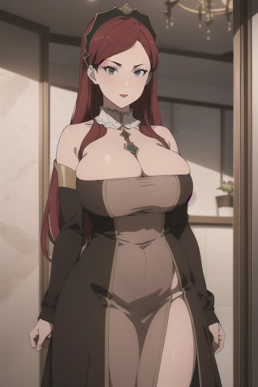 best quality, masterpiece, 1girl, (solo:1.1), raytracing, ultra detailed,detailed face, 8k wallpaper, wide hips, HildaBoreasGreyratNDV, 1girl, red hair, grey eyes, large breasts, long hair, cleavage, dress, makeup, mature female,  indoor,