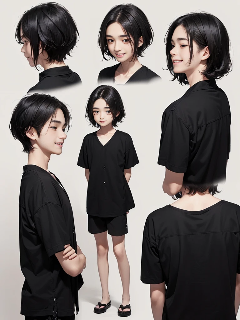 (((Masterpiece))), (high quality), one Japanese boy, 18 years old,(tall and thin,sleepy droopy eyes, long face,thin cheeks:1.5),(black shaggy short hair,blank expression,smile:1.5),Short Hair,Perm,White shirt,(Back view:1.5),(Plain background:1.5),