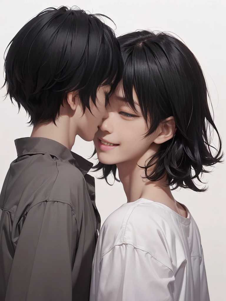 (((Masterpiece))), (high quality), one Japanese boy, 18 years old,(tall and thin,sleepy droopy eyes, long face,thin cheeks:1.5),(black shaggy short hair,blank expression,smile:1.5),Short Hair,Perm,White shirt,(Back view:1.5),(Plain background:1.5),