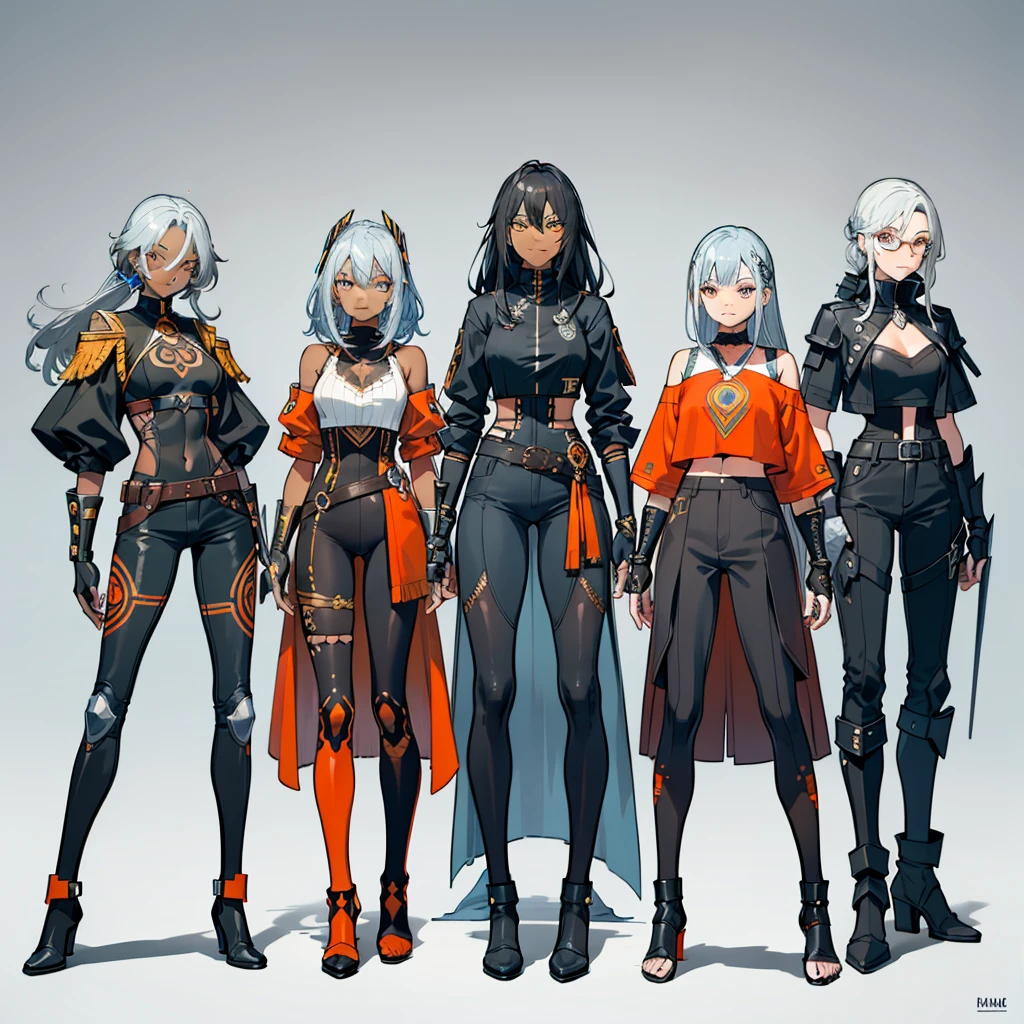 (((three characters))), female, (((dark skin)))), Black hair with ponytail, Light blue eyes, Round glasses with small dark lenses, This lens is orange, and Light Blue frame, ( ((Black metallic gauntlets and greaves with orange and silver details)), (((The clothes have a mix of modern and tribal)))), Having mainly black color, but having pieces of orange, Bare shoulders, On the hips , pants extending to mid-thigh in black.
