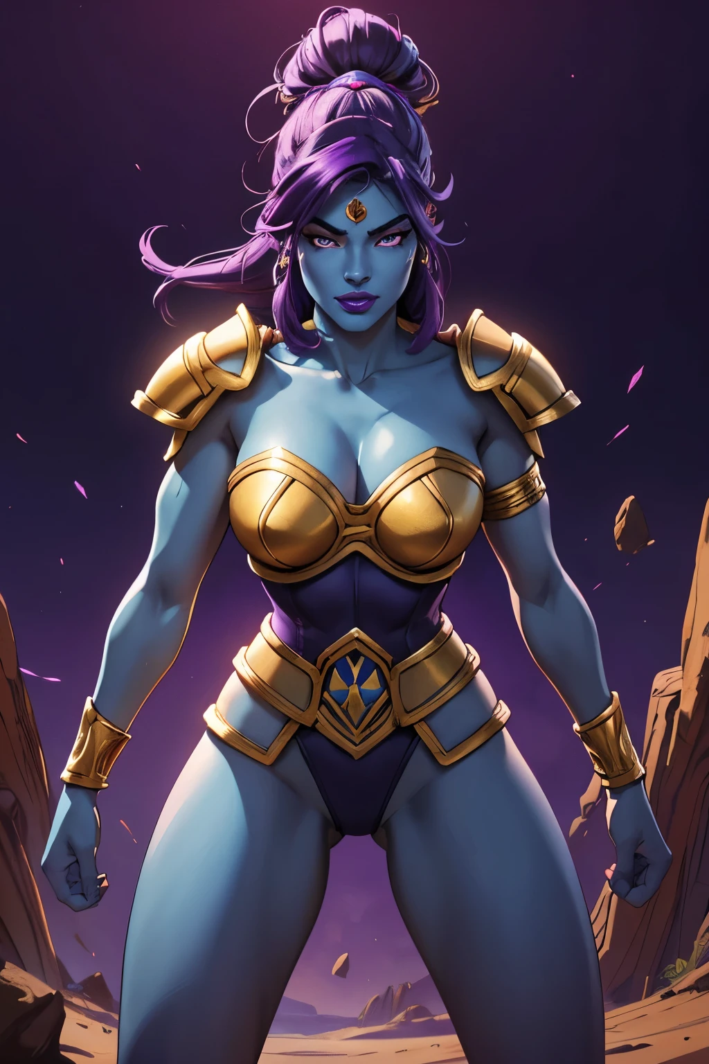 masters of the universe. a ((blue skinned)) female warrior, She has dark purple colored hair and wears (purple accented in gold). (detailed face, detailed eyes) (best quality,4k,8k,highres,masterpiece, colorful, vibrant colors:1.2) , long eyelashes, ((detailed lips)), narrow eyes, lavender colored eyes. Good hands, detailed hands. Eternia background. She stands firmly on the ground a wide stance, ready to fight. dynamic exaggerated poses.