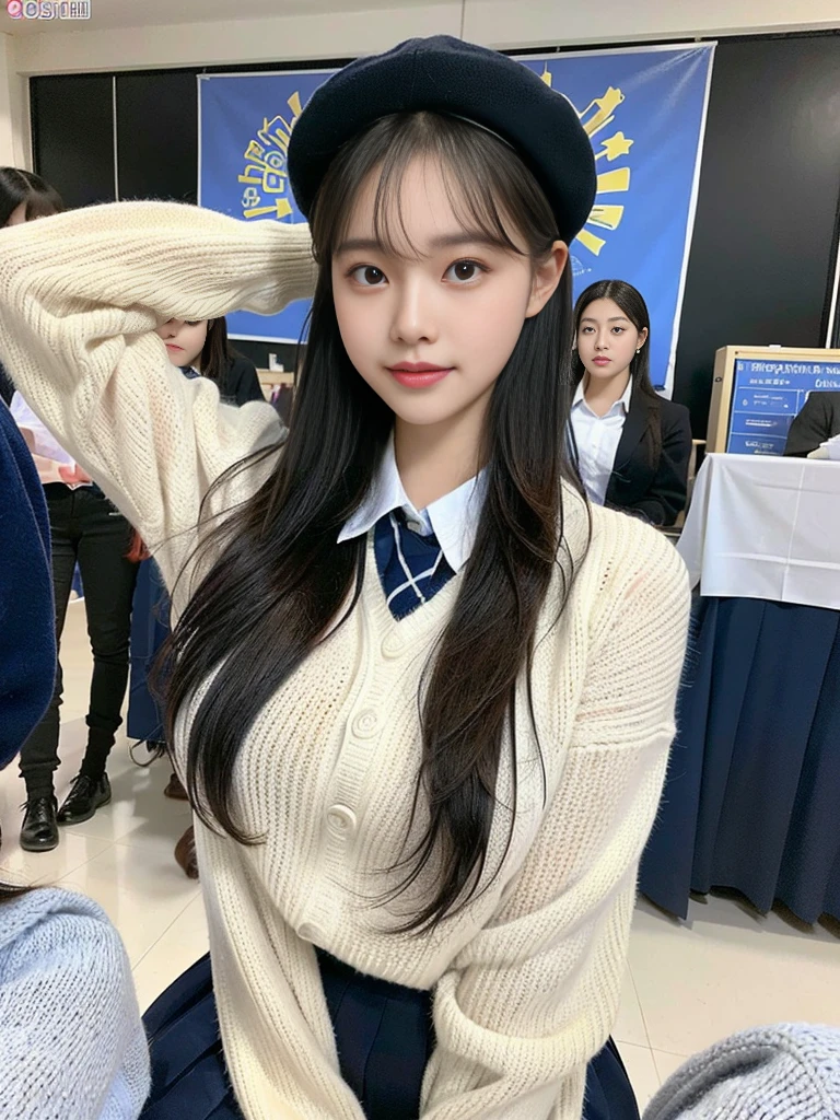 (A photo of a super cute Korean schoolgirl wearing a high-end sweater that looks like a school uniform:1.2)(smile,grin:1.1)(Beautiful Sweat:1.1)(16K, RAW Photos, Highest quality, masterpiece: 1.2),(Shiny and beautiful black long hair) Super detailed, Super Resolution, (Genuine, Genuine photos: 1.37), Portraiture, High-resolution RAW color photos, Professional photos, Very detailed, 8k wallpaper, Very detailed CG Unity 8k wallpaper, Very detailed beautiful girls, Very detailed faces, ((whole body)), beautiful woman, Huge breasts,(huge boobs:1.1) (Big Boobs:1.1), beautiful  (Wearing a high-end school uniform-style sweater),high school girl, Korean Girls,(K-POP Female Idols), (Idol-class beauty)(Beautiful high school girl:1.1)(Famous theme parks)(************)Amusement park date,Cute knitted hats