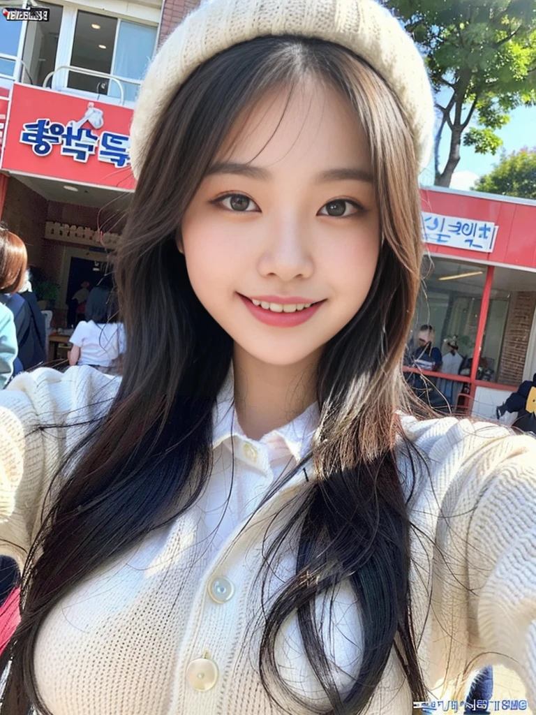 (A photo of a super cute Korean schoolgirl wearing a high-end sweater that looks like a school uniform:1.2)(smile,grin:1.1)(Beautiful Sweat:1.1)(16K, RAW Photos, Highest quality, masterpiece: 1.2),(Shiny and beautiful black long hair) Super detailed, Super Resolution, (Genuine, Genuine photos: 1.37), Portraiture, High-resolution RAW color photos, Professional photos, Very detailed, 8k wallpaper, Very detailed CG Unity 8k wallpaper, Very detailed beautiful girls, Very detailed faces, ((whole body)), beautiful woman, Huge breasts,(huge boobs:1.1) (Big Boobs:1.1), beautiful  (Wearing a high-end school uniform-style sweater),high school girl, Korean Girls,(K-POP Female Idols), (Idol-class beauty)(Beautiful high school girl:1.1)(Famous theme parks)(************)Amusement park date,Cute knitted hats