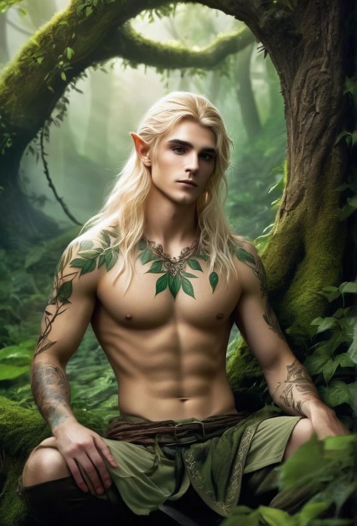 Young guy elf, shirtless blond(full body),long hair, defined body, tattooed,in a magical forest)light mist,he is a mystic forest, he's very detailed adorned with leaves and vines,hes sitting under a tree,has a sensual and sad look