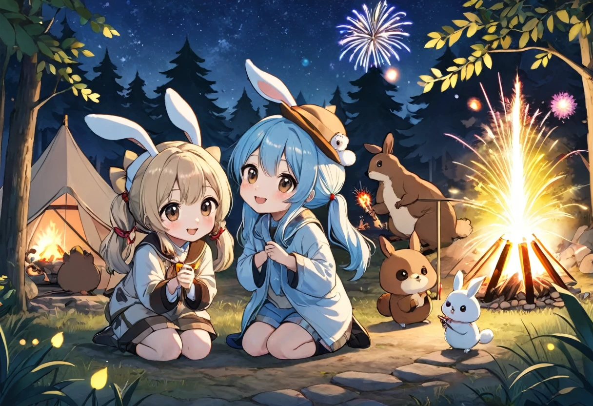 Campfire in the woods、Two Girls，1 Chibi Character、Nice face，Dark Eyes、Light blue long hair、Beautiful girl with twin tails，Forest animals and fireworks、Rabbit、Squirrel、Bear、deer、owl、Lots of animals、Crouched down holding a sparkler and watching the sparks fly、Bright smile、Warm and soft lighting，Night Sky，Starry Sky、fireflies dance、白いowlが見ている