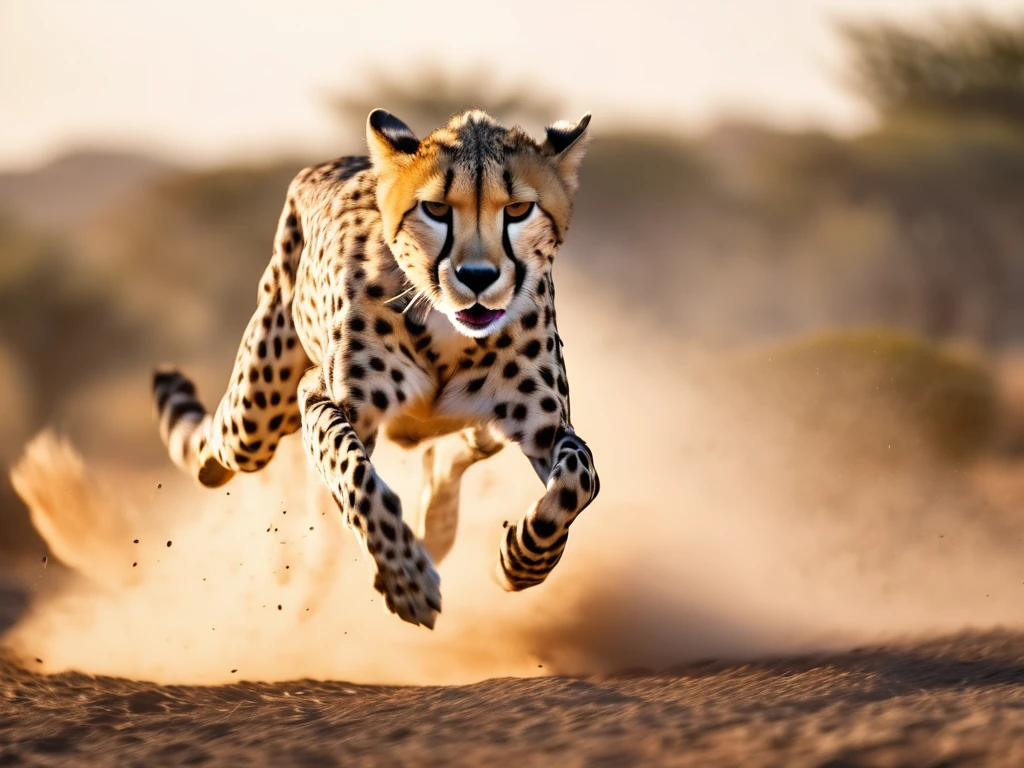 Still photo in motion, a biomechanical cheetah, running and jumping at high speed, over a gazelle, motion blur, SIDE view, wide-angle shot, speed motion, debris, stones and dust jumping to the camera, SIDE shot, HIDG speed shot creates an exciting sensei of movenet and dynamism, 4k, high detail,  