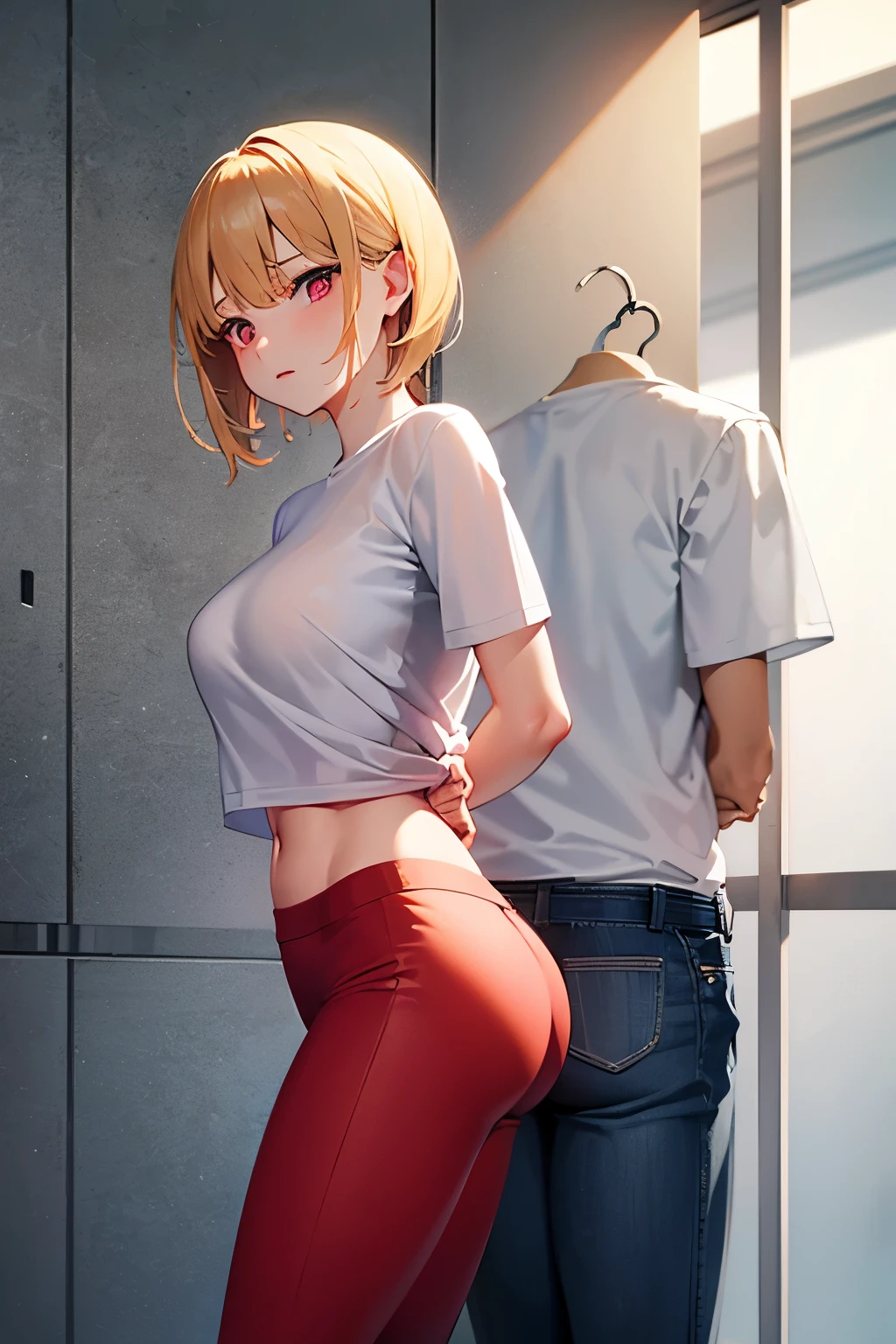 name zoe. 20 year old ager, beautiful angelic face. Red eyes. White skin color. height 1,70, retail physical, large and firm breasts, Short blonde hair. Clothes, T-shirt without collar at the height of the abdomen.. tight red pants. body detail, view from behind, back view, sexy drandes buttocks, looking towards the wall