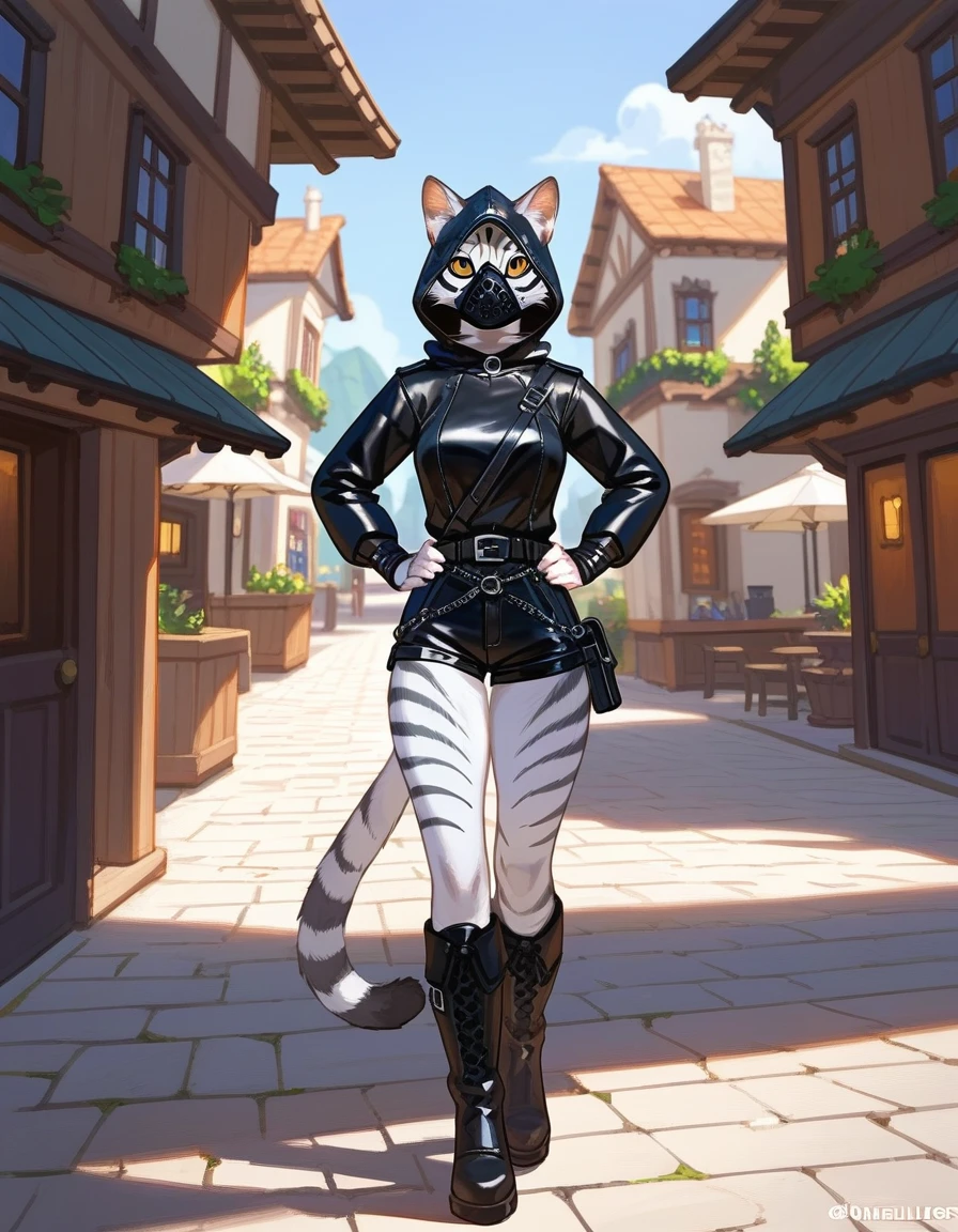Solo, score_9,score_8_up,score_7_up, source_cartoon, kat, Anthro furry feline, female, hourglass figure, silver fur, grey stripes, furry body, wearing executioners mask, black executioners hood covering whole head, hands on hips, walking on wooden gallows, outdoors, in a village, nighttime, hands on hips, black tunic, black belt, black leather short shorts, black boots, black caplet, 