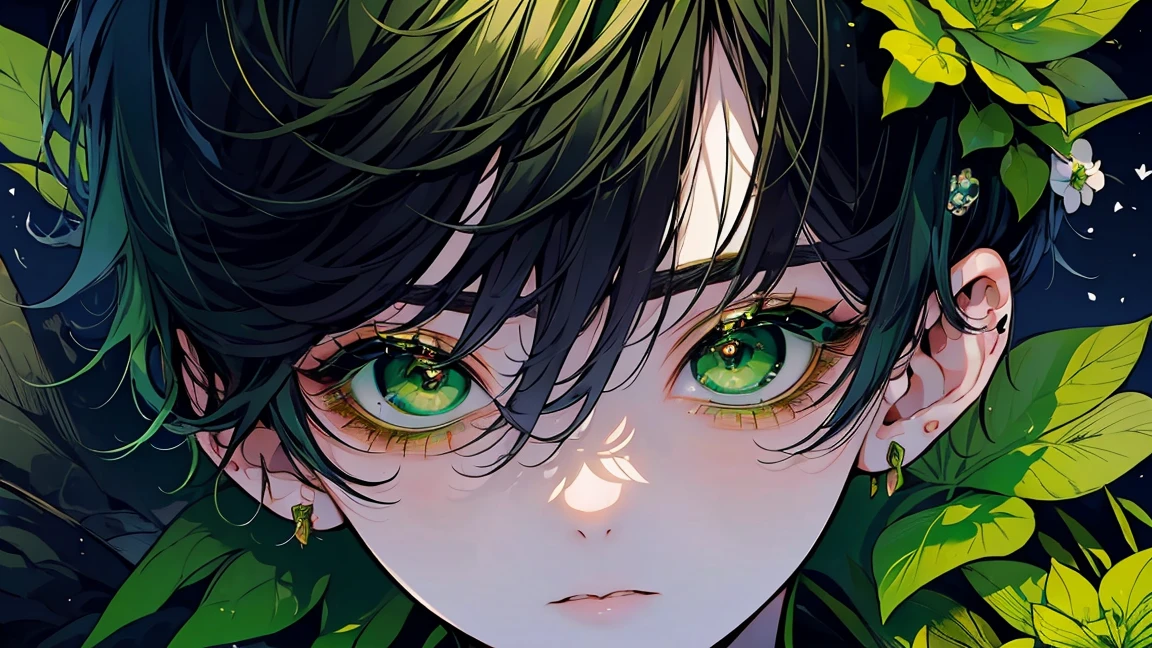 (masterpiece), (Highest quality), Very detailed, 1 boy, Solo Shooting, Perfect Face, Beautiful Face, Very detailed顔，Black Short Hair:1.3)，(Big eyes:1.4)，(Long eyelashes:1.4)、(Green Eyes:1.3)、Lots of flowers