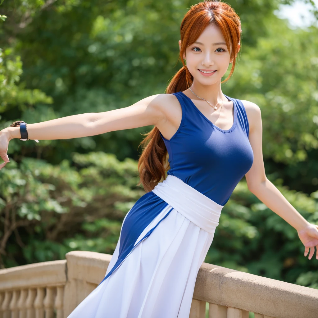 masterpiece, best quality, highres, nami (one piece), Japanese girl, long hair, orange hair, low ponytail, hair bow, blue bow, brown eyes, collarbone, Army uniform,deep-v, Forward bending pose, sleeveless, bare arms, bracelet, sash, obi, standing, cowboy shot, smile, outdoors,nami (one piece),blue tatto on arms,big breast,milf face,milf body, big ass.