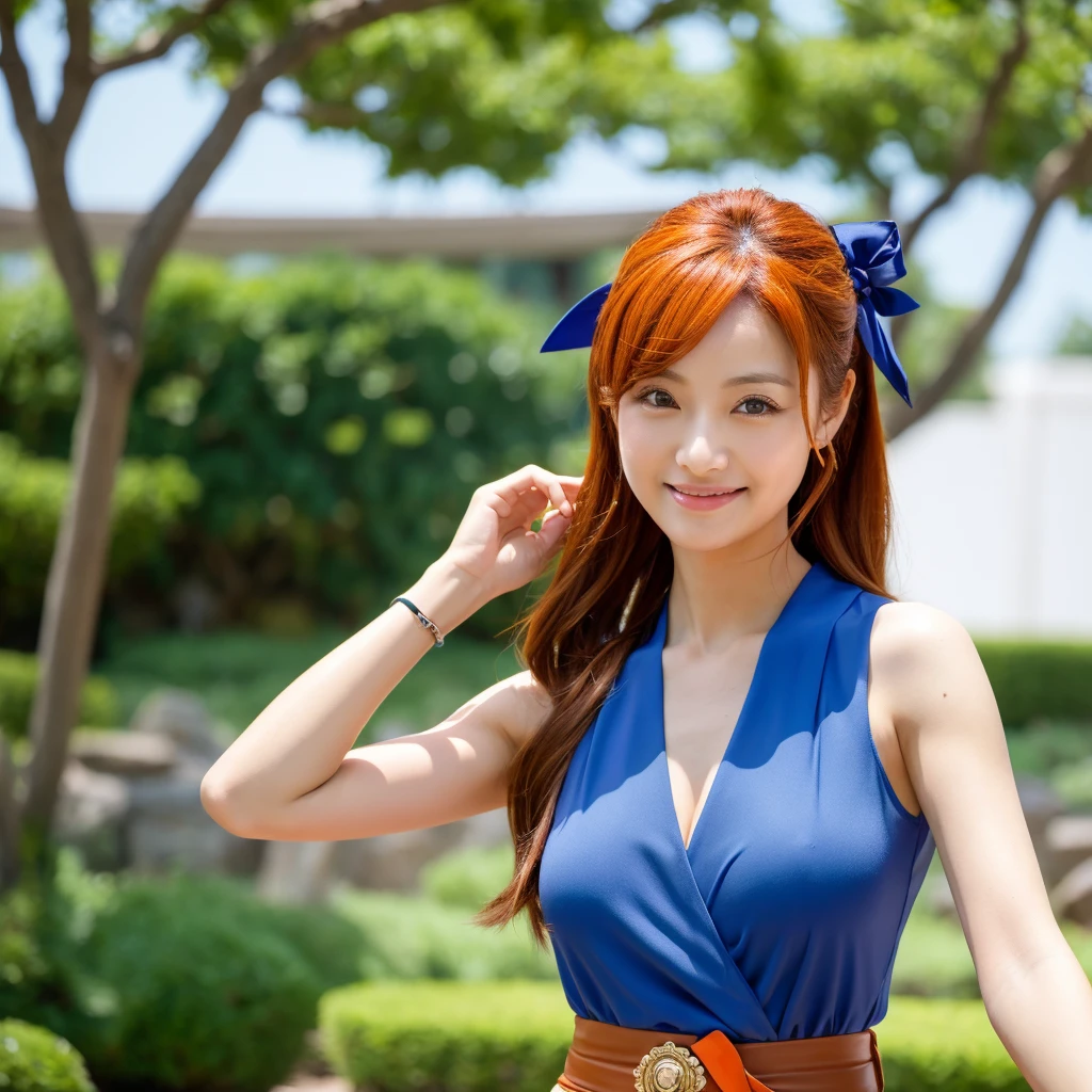 masterpiece, best quality, highres, nami (one piece), Japanese girl, long hair, orange hair, low ponytail, hair bow, blue bow, brown eyes, collarbone, Army uniform,deep-v, Forward bending pose, sleeveless, bare arms, bracelet, sash, obi, standing, cowboy shot, smile, outdoors,nami (one piece),blue tatto on arms,big breast,milf face,milf body, big ass.