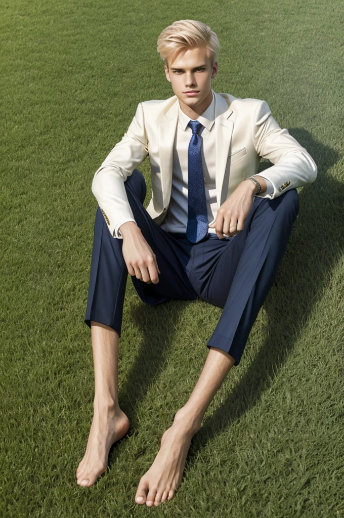 Blond slim 20 year old man in formal suit barefoot on the grass